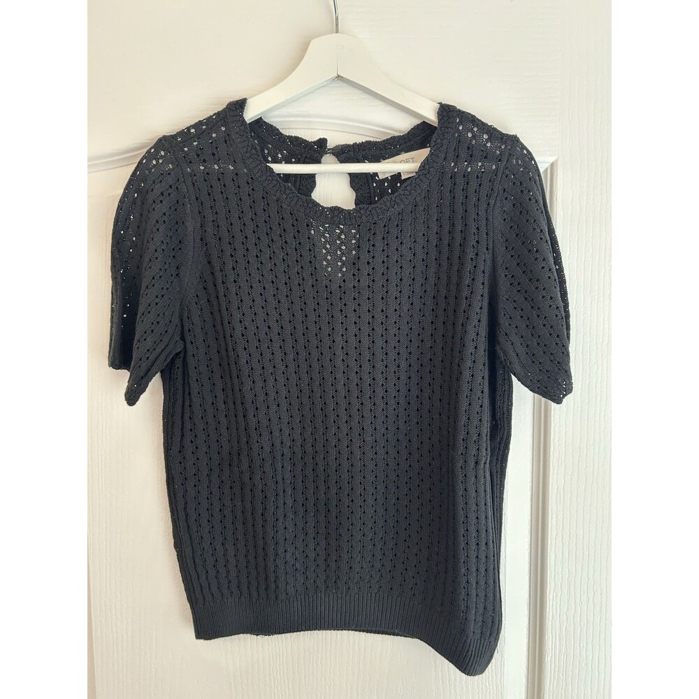 Ann Taylor Women Black Open Knit Crewneck Short Sleeve Top Textured Stitching S
